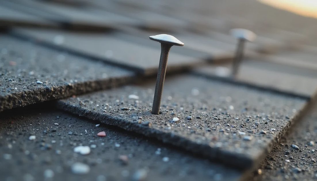 Common nailing errors that weaken shingle performance Close-up showing overdriven and high-nailed asphalt shingles