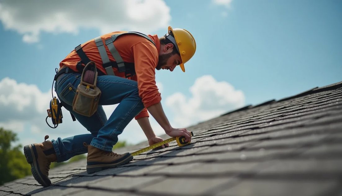 Roofer measuring roof ridge and valleys during inspection