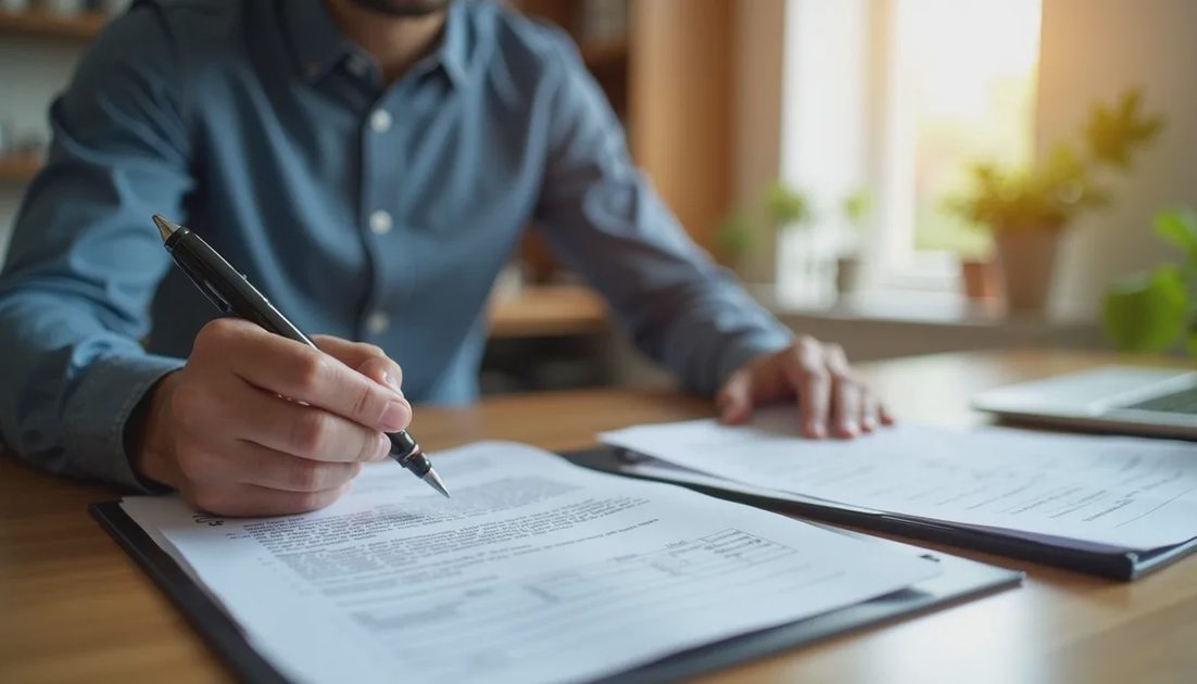 Homeowner comparing insurance information with a roofing estimate