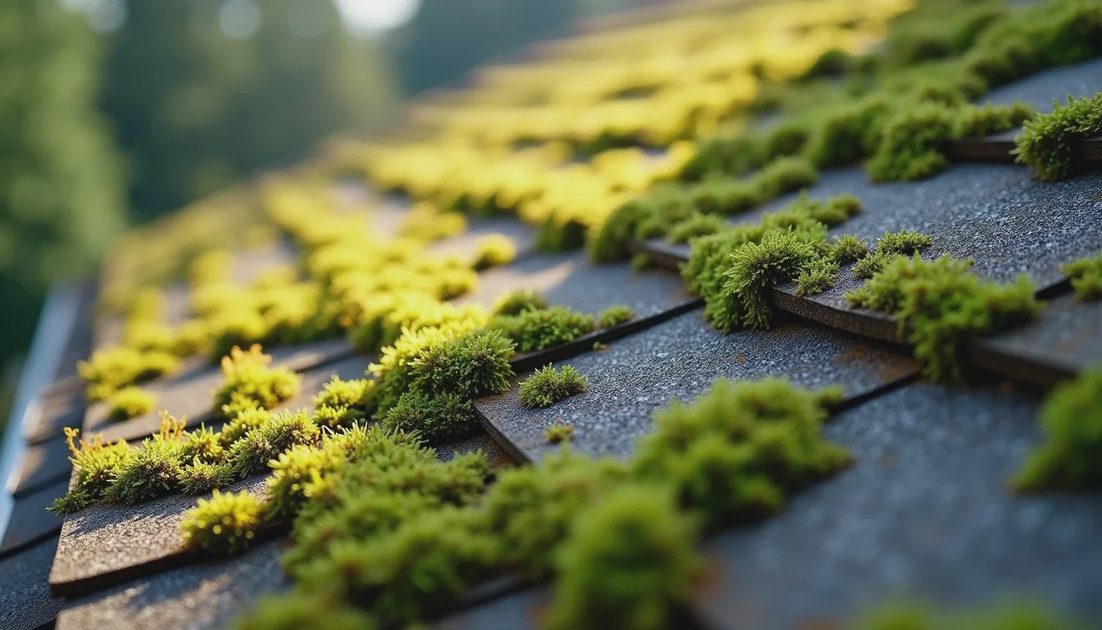 Moss accumulation that traps moisture against shingles Moss growing on and between asphalt shingles