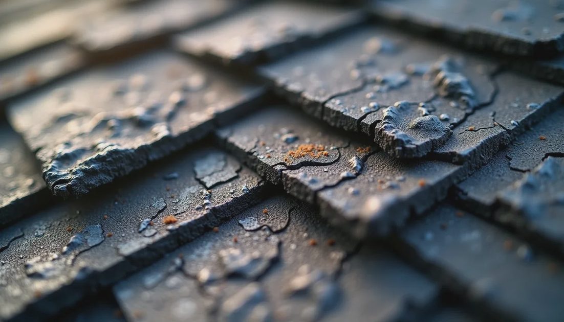 Close-up of aging asphalt shingles with granule loss and curling edges
