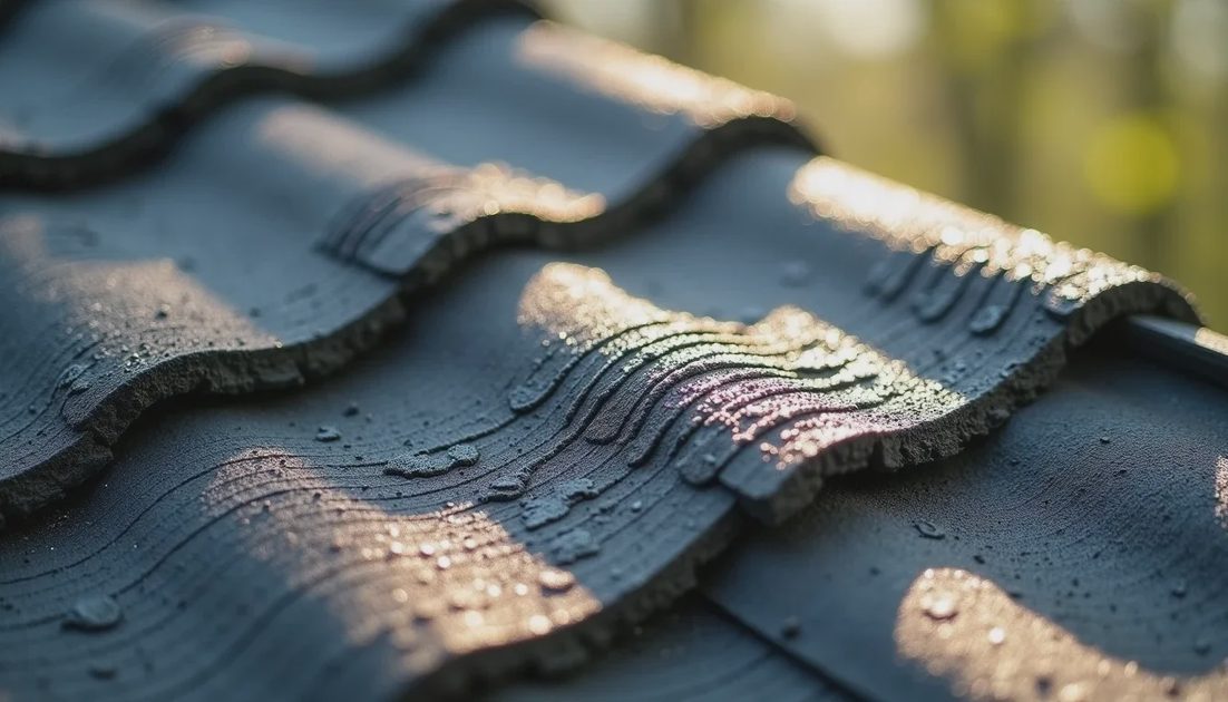Common algae staining on north-facing asphalt shingle roof Dark algae streaks on asphalt shingles