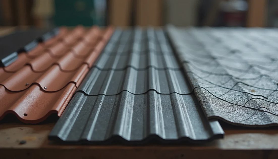 Visual comparison of common residential roofing materials Side-by-side samples of asphalt, metal, and synthetic roofing materials