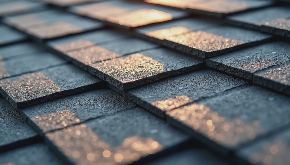 Detail of architectural shingle dimensional profile Close-up of architectural dimensional asphalt shingles with layered texture
