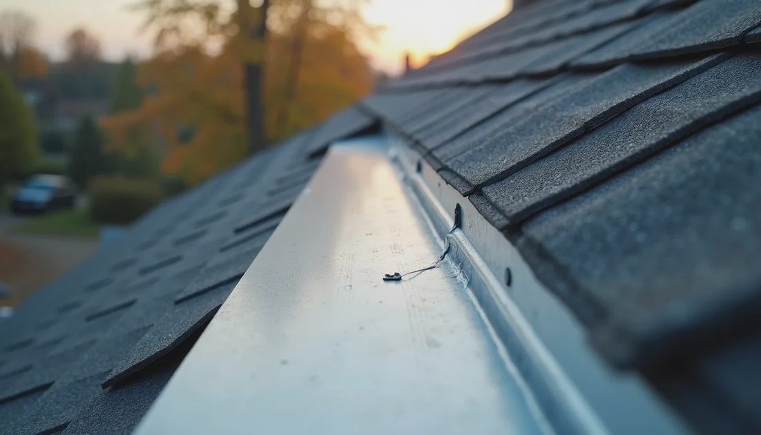 Finished valley detail on a new asphalt shingle roof Clean, properly finished roof valley with new metal flashing