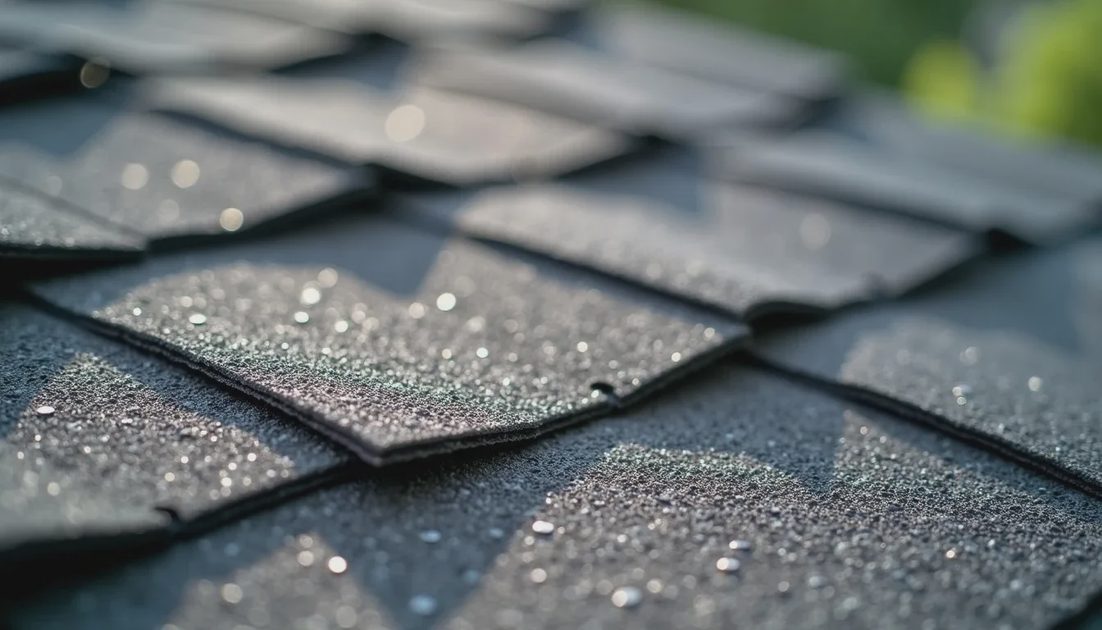 Detail of standard 3-tab asphalt shingle appearance Close-up of traditional 3-tab asphalt shingles on a residential roof