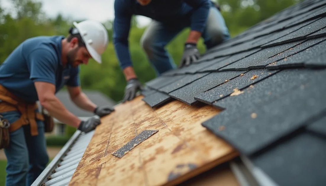 Roofing crew removing old shingles and exposing the roof deck