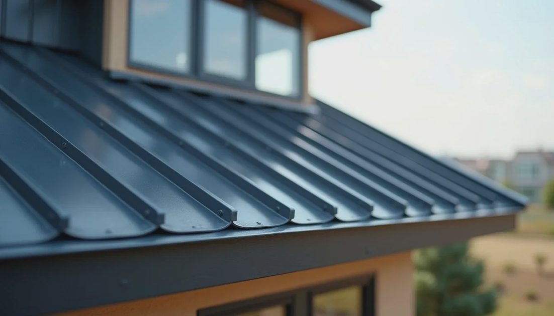 Close-up of standing-seam metal roof panels with raised seams