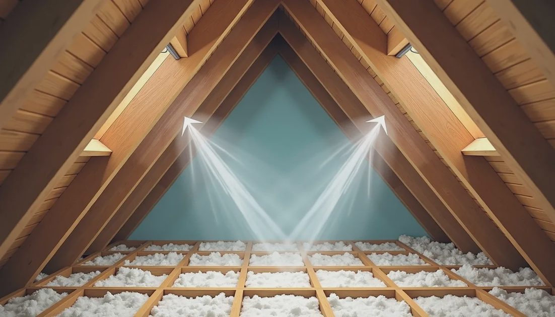 Attic interior showing ridge vent and soffit intake for proper ventilation