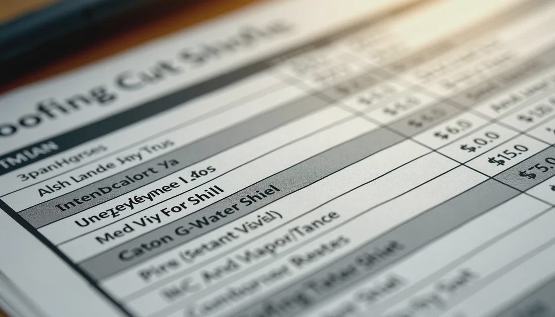 Close-up of an itemized roofing quote listing materials and quantities