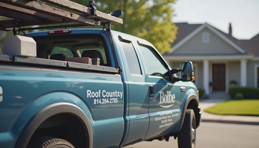Roofing contractor truck displaying company name and license number