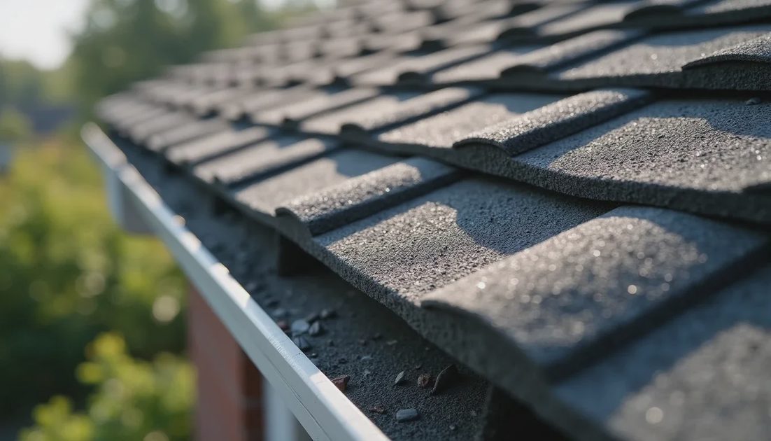 Close-up of architectural asphalt shingles showing texture and granules