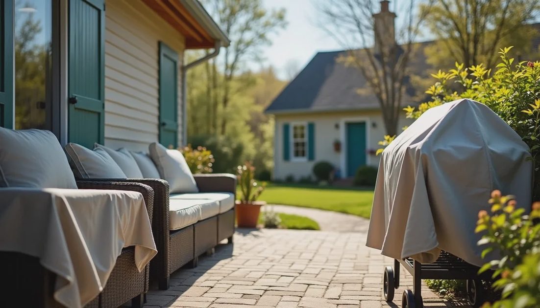 Outdoor belongings covered to protect from debris and nails Outdoor furniture and items protected with tarps before roofing
