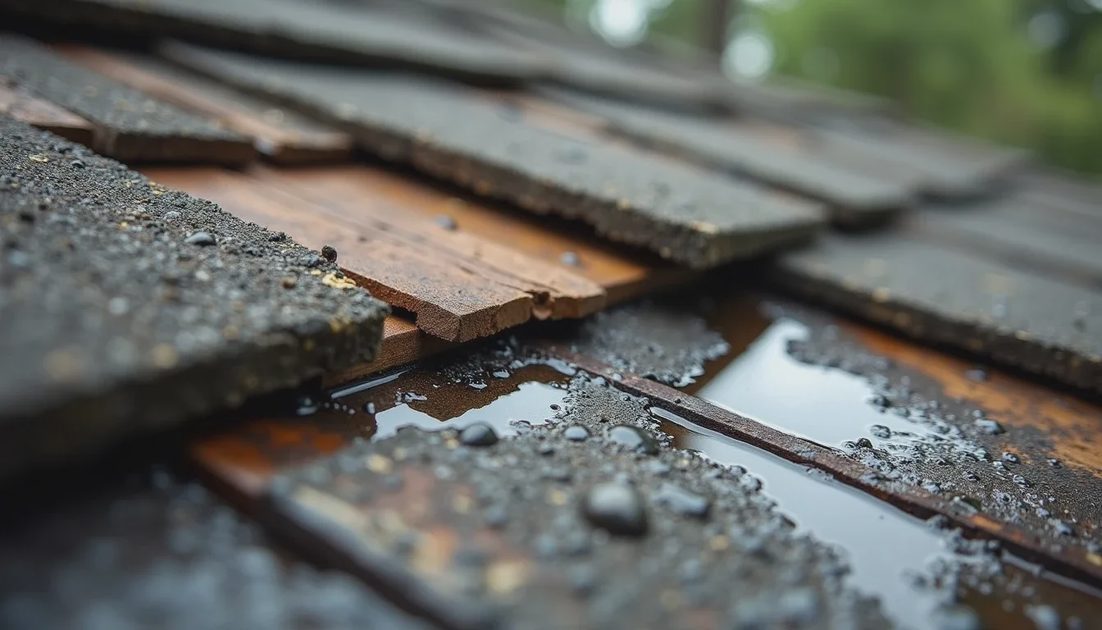 Decking damage that often appears after prolonged leaks Water-damaged roof decking exposed during tear-off
